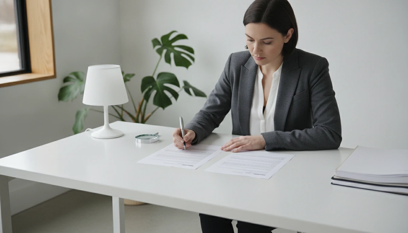 Analyst at a desk comparing two printed documents side by side with a focused expression