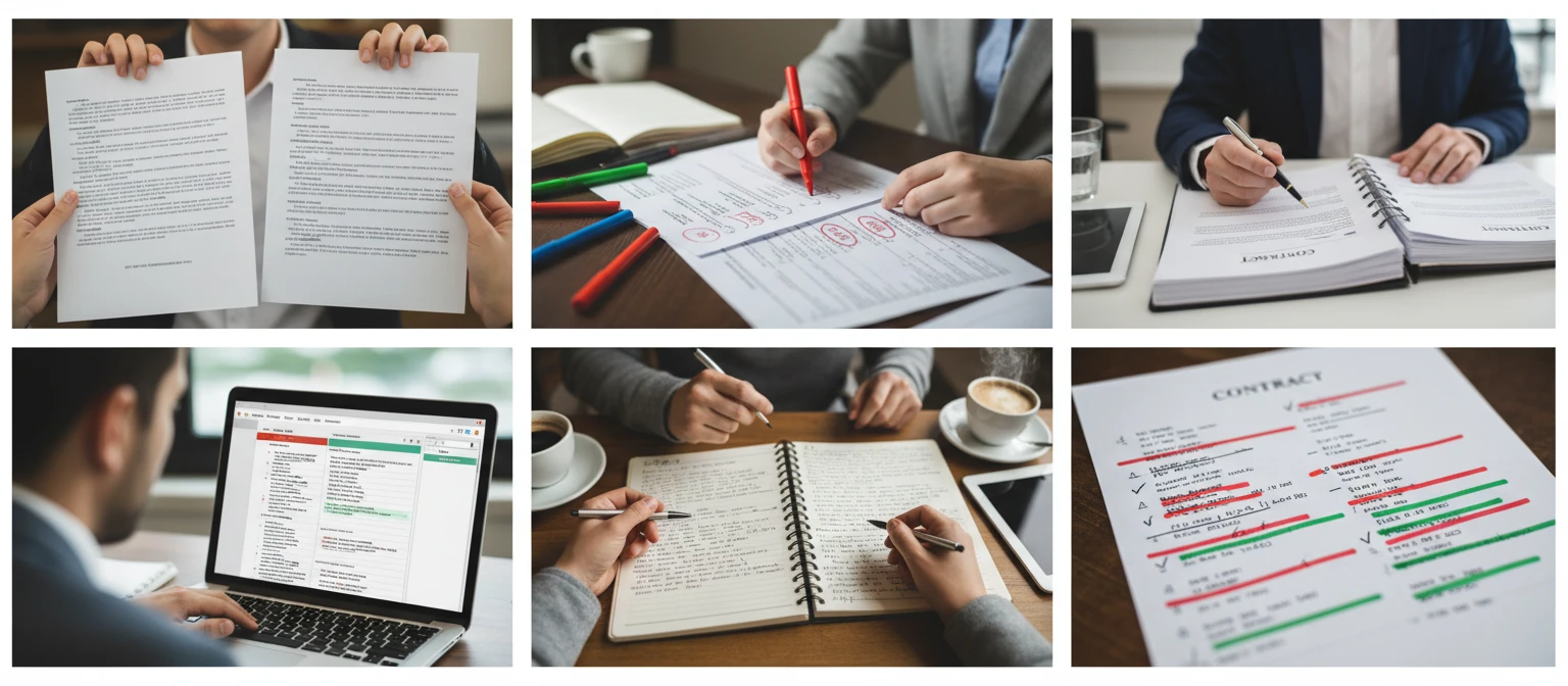 Wide collage of document comparison scenarios — desks, printed documents, laptops, annotations