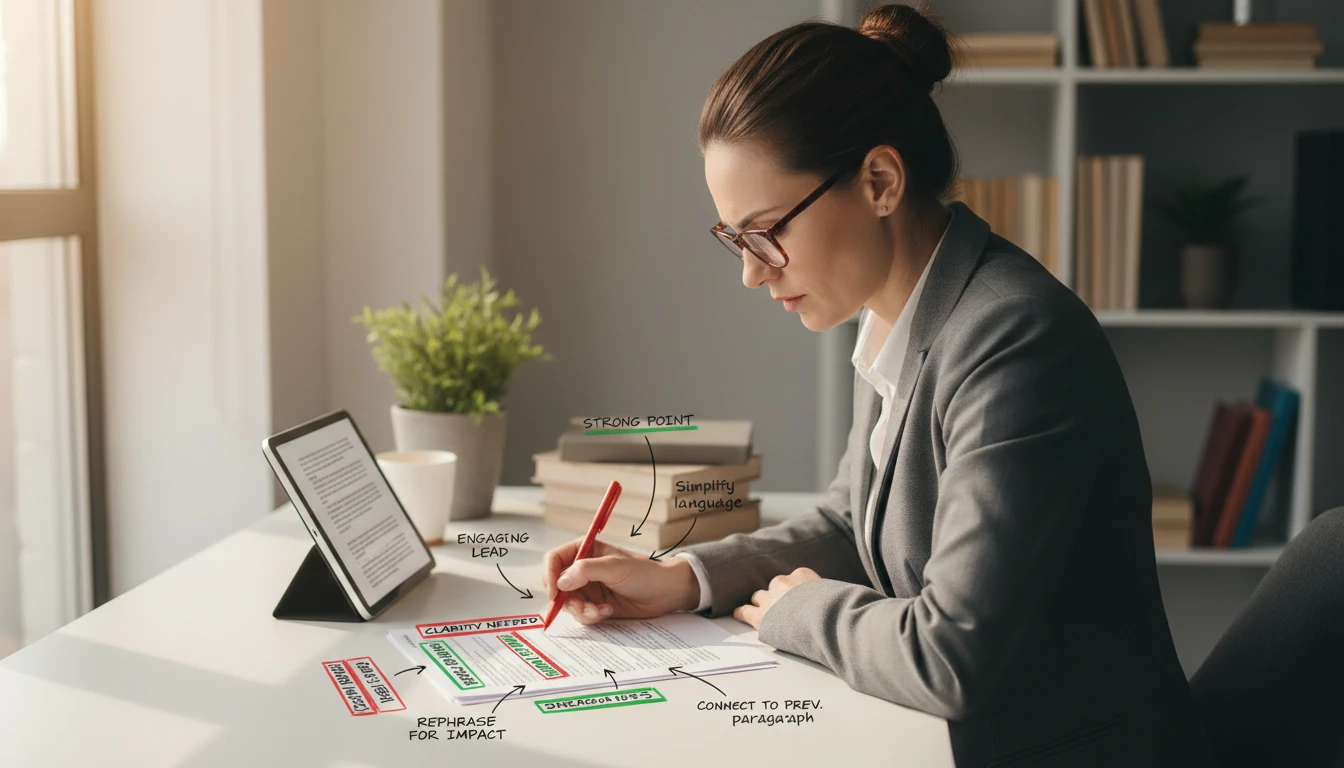 Editor reviewing a red-lined document comparison with specific annotations