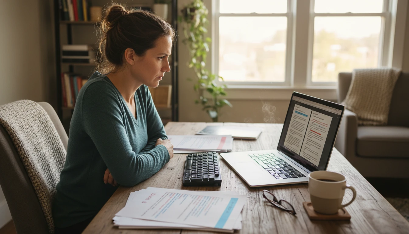 Writer at a desk comparing two draft versions of an article on a laptop