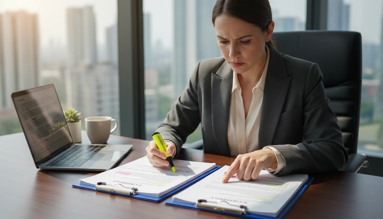 Legal professional comparing two contract versions at a tidy desk