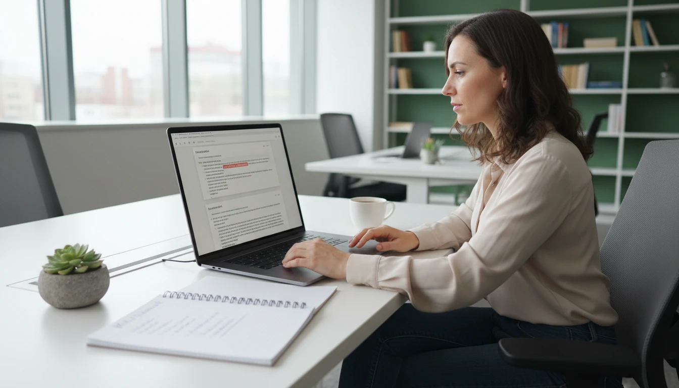 SEO analyst at a desk comparing two article versions on a laptop for content similarity