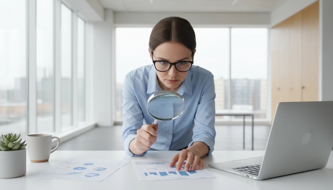 Researcher examining a printed document under a magnifying glass at a clean desk