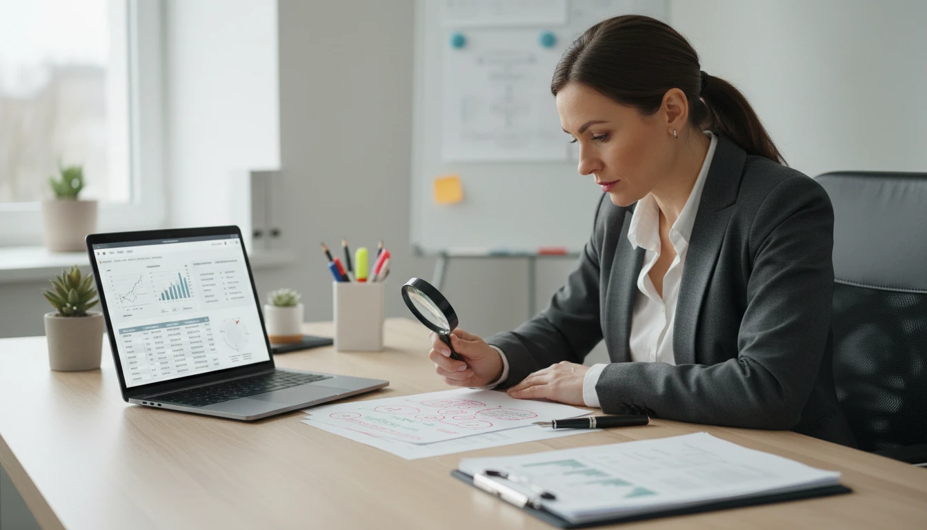 Analyst reviewing text analysis results on a laptop with detailed annotations