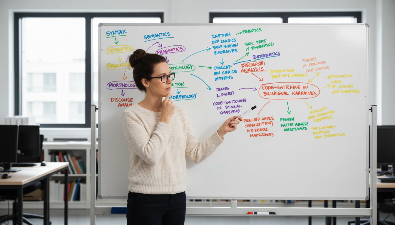 Linguistic researcher analyzing text patterns on a whiteboard with color-coded categories