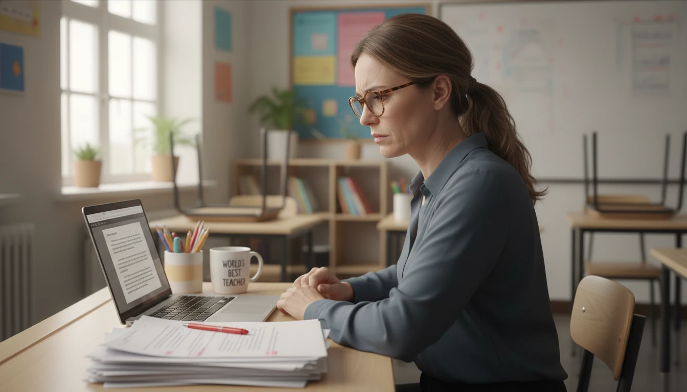 Teacher reviewing student essay submissions on a laptop with careful attention