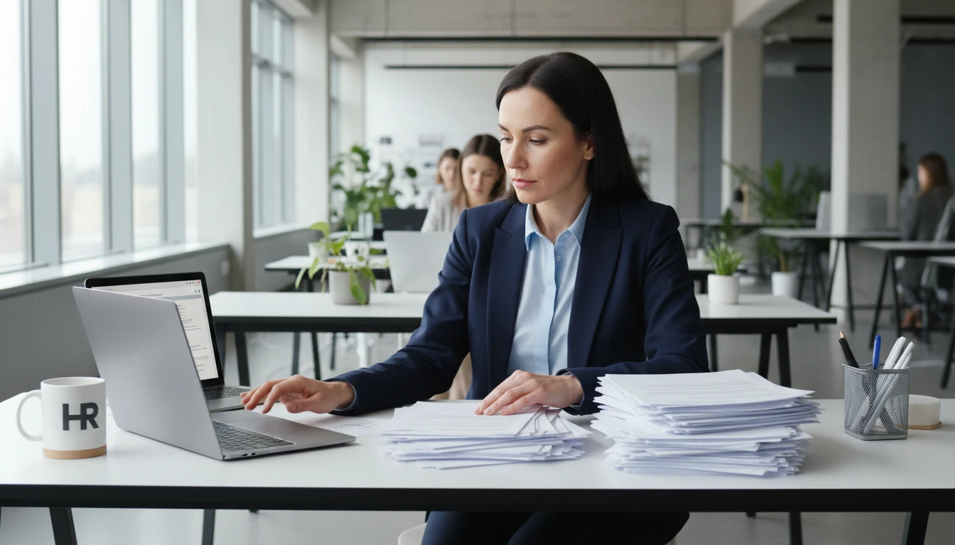 HR professional reviewing job application materials at a modern office desk