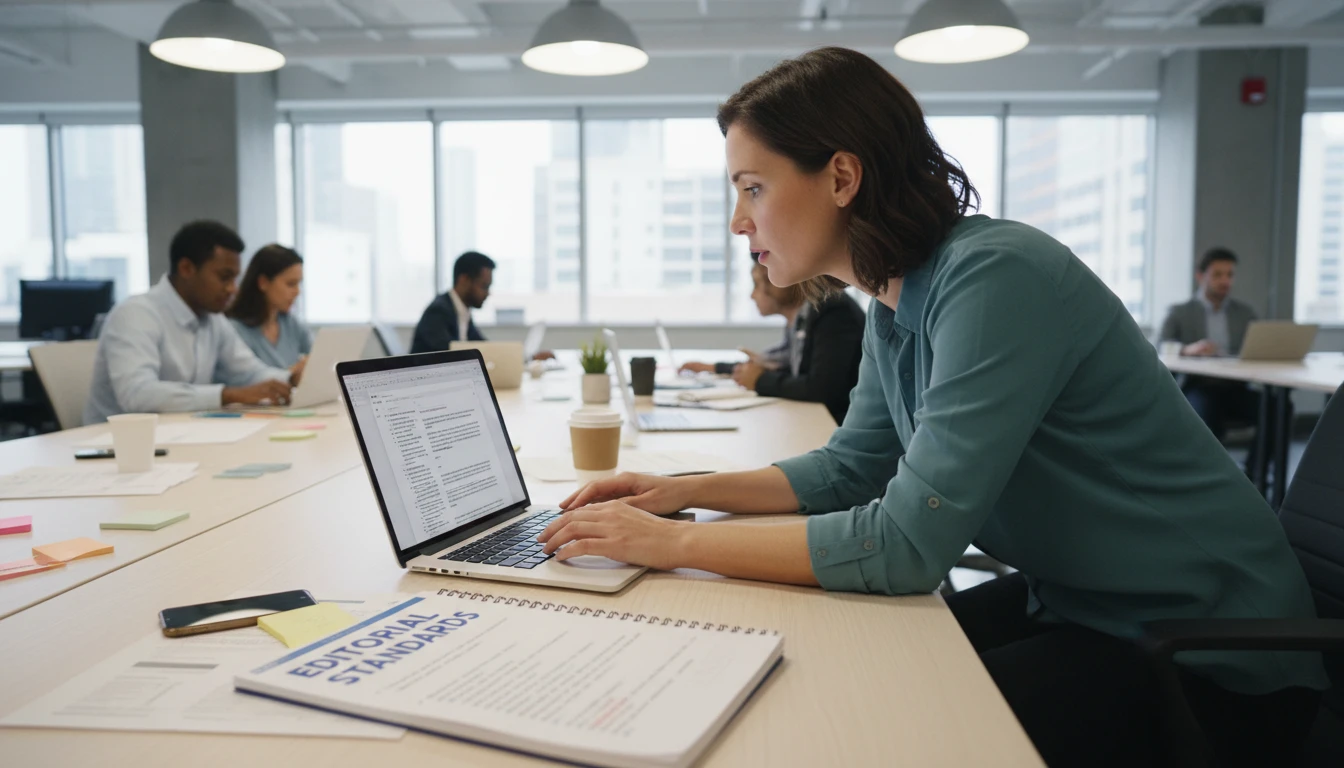 Content manager reviewing freelance articles on a laptop at a marketing agency desk