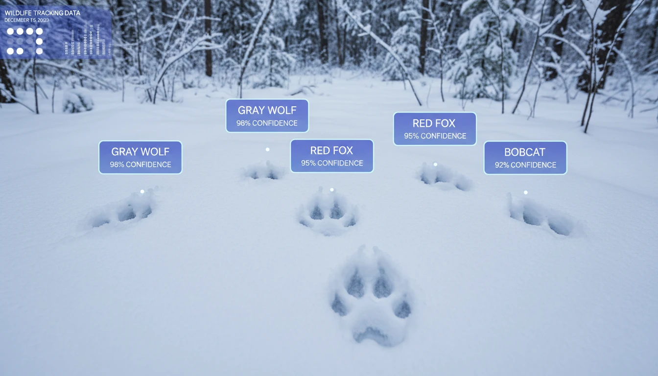 Clear animal tracks in snow with AI species identification labels