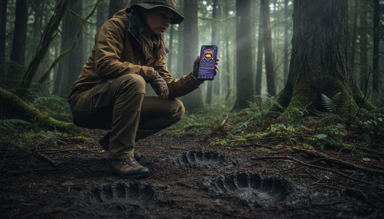 Wildlife tracker reviewing behavior clues and safety information for large predator tracks