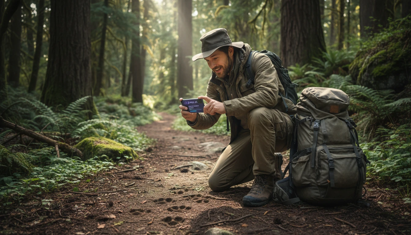 Hiker photographing animal tracks on a forest trail