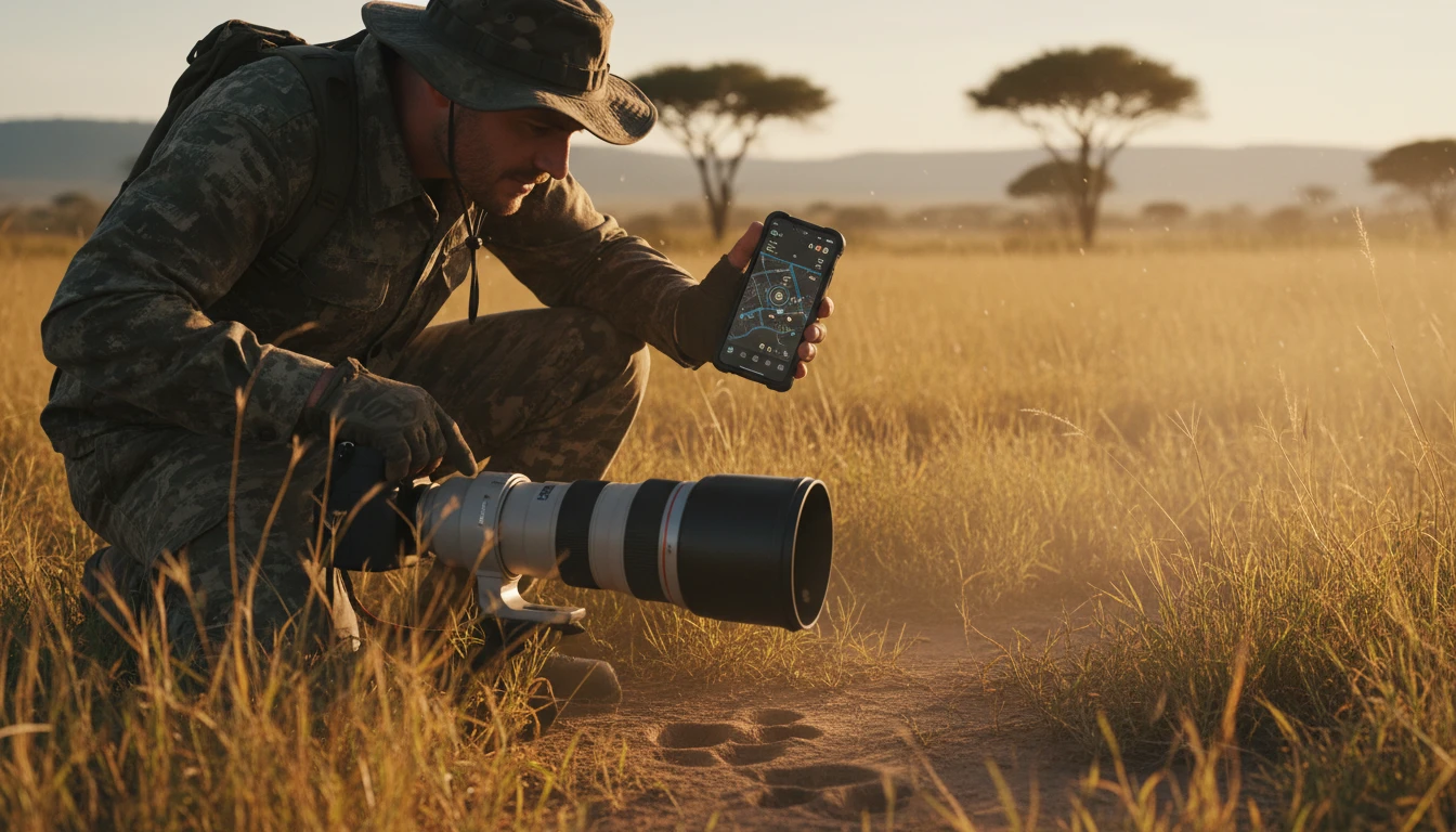 Wildlife photographer following animal tracks to locate animals for photography