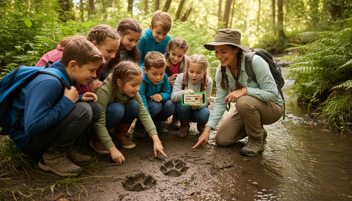 Teacher and children examining animal footprints during a nature walk