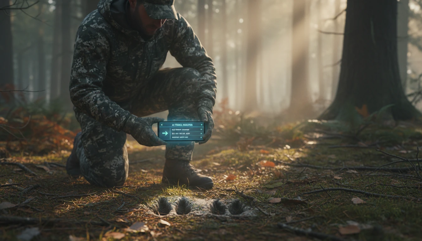 Hunter analyzing deer tracks in the field with AI tracking assistance