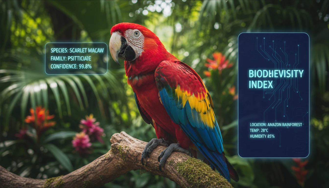 Colorful tropical bird identified by AI with species name and classification