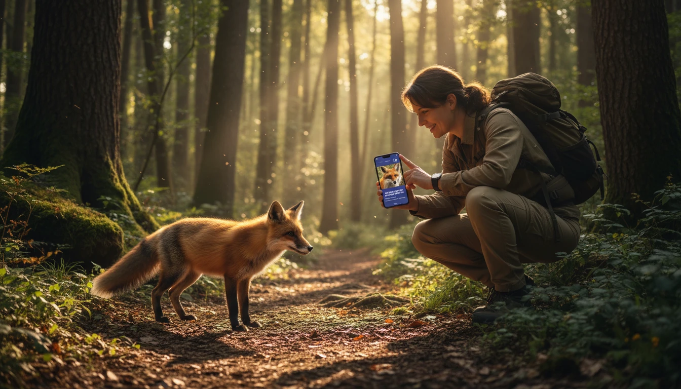Hiker photographing a wild animal on a nature trail