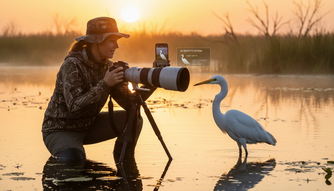 Wildlife photographer identifying a bird species with AI