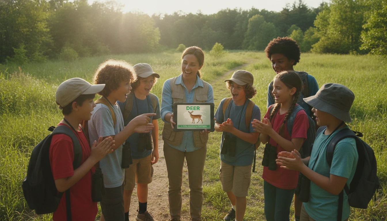 Students using AI to identify animals during a school nature trip