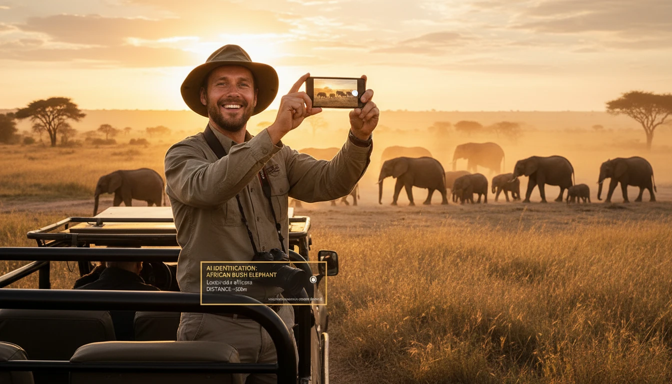 Safari traveler identifying animals with AI on their phone