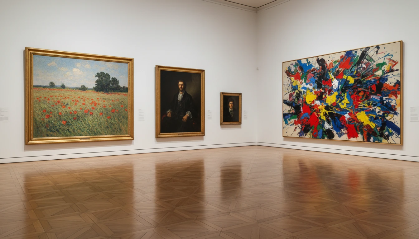 A collection of artworks in dramatically different styles: Impressionist, Abstract, Anime, and Digital art