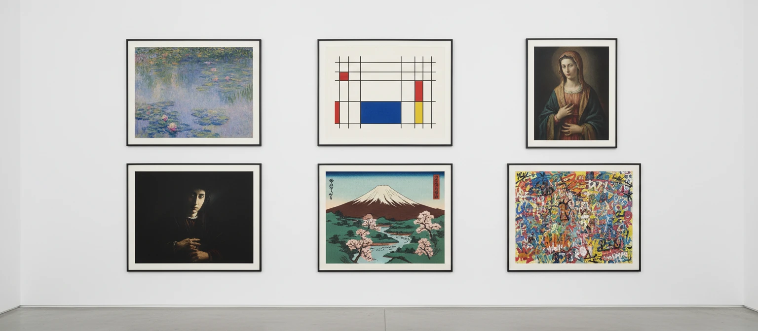 Wide photo collage of six artworks representing dramatically different art movements and styles