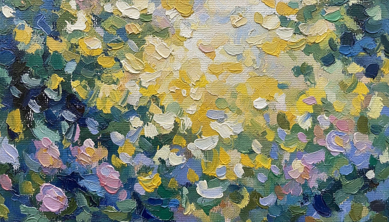 Close-up of visible Impressionist brushstrokes in a painting of a garden scene with dappled light