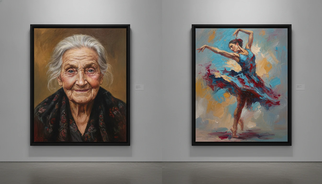 Side by side comparison of two paintings showing dramatically different brushwork styles: one tight and detailed, one loose and gestural