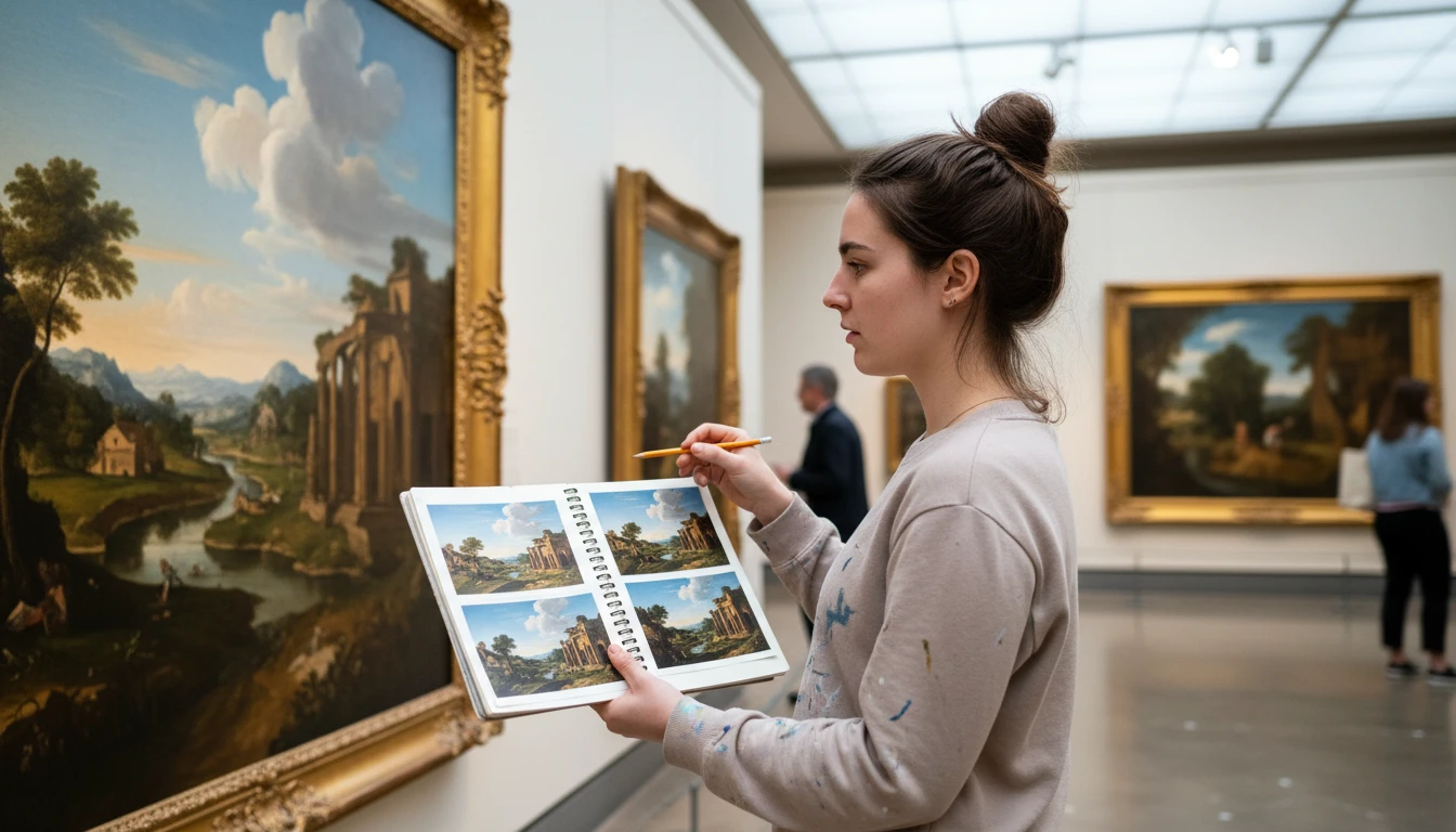 Art student in a gallery comparing artwork on the wall to reference photographs of similar artists in a notebook