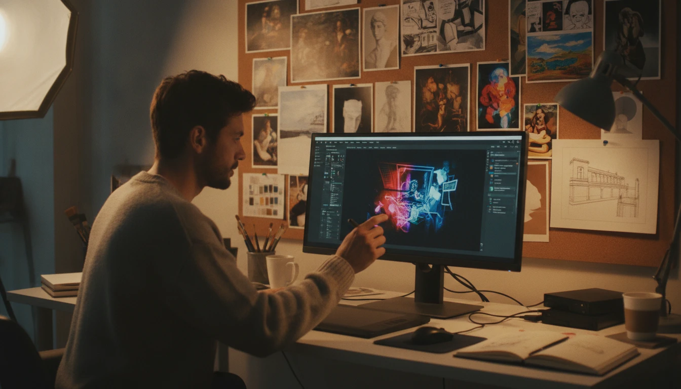 Digital illustrator at a large monitor with reference art images pinned around the screen