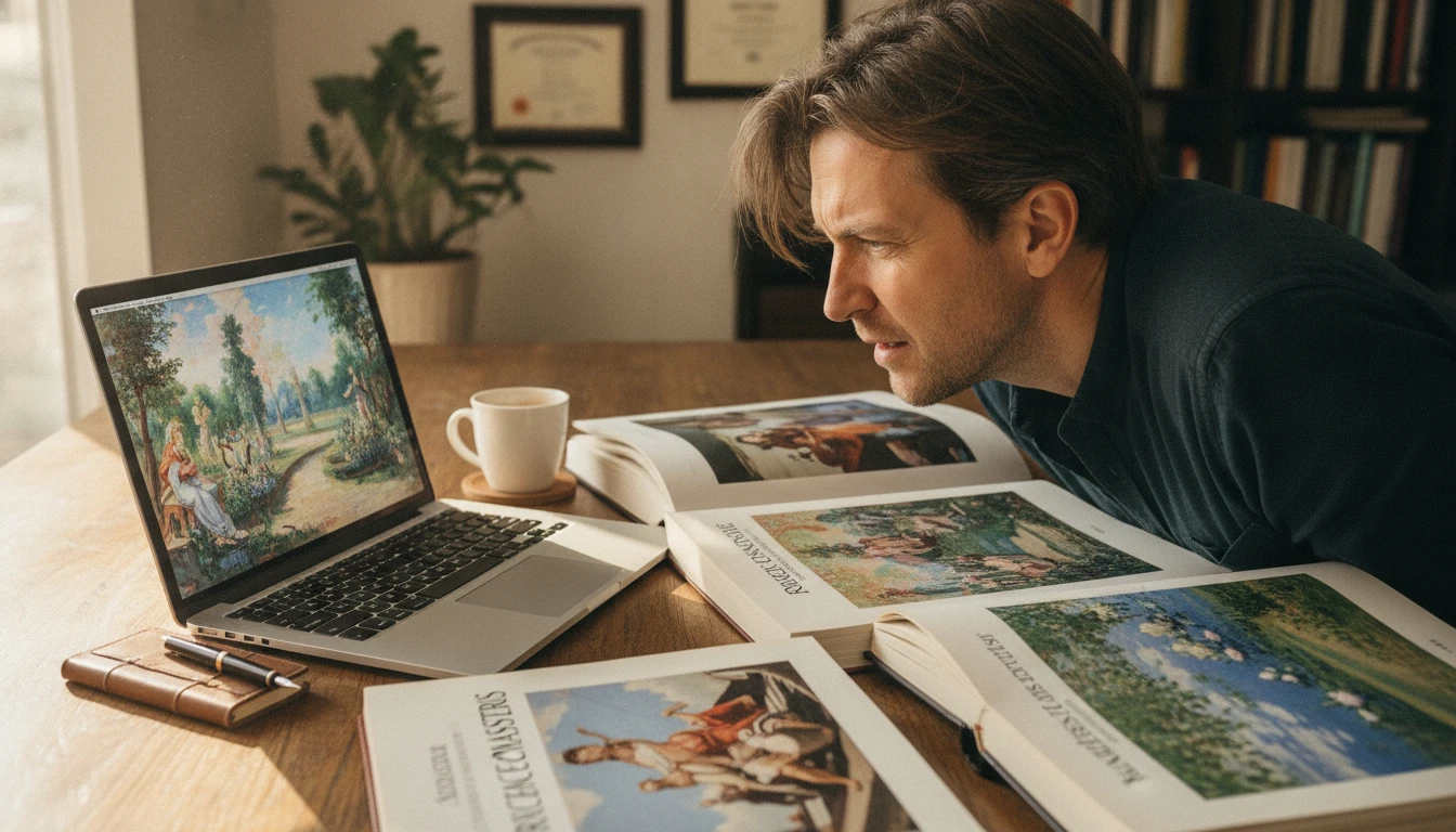 Person at a laptop comparing an AI-generated artwork on screen with art history books open beside them