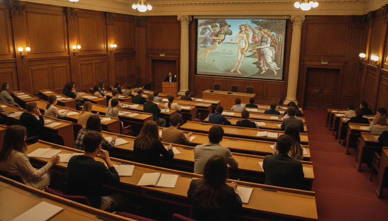 Art history students in a lecture looking at projected artwork slides with notebooks open
