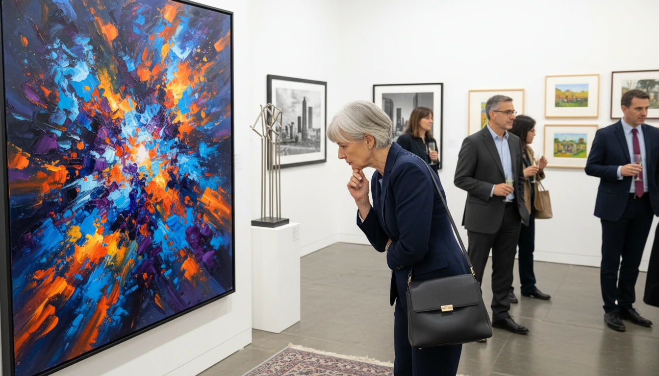Art collector at a gallery fair examining a painting closely with other works visible in the booth behind