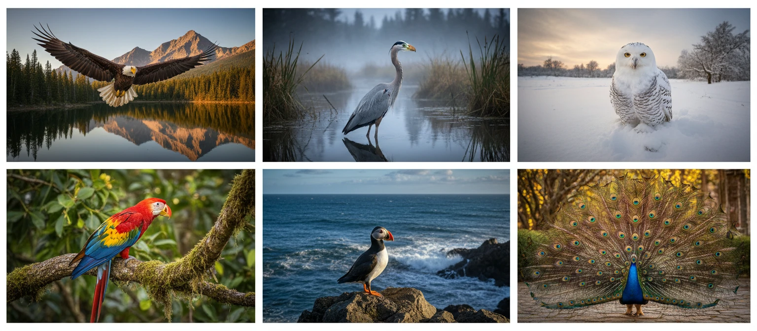 Bird diversity collage showing songbirds, raptors, waterfowl, and shorebirds in natural habitats