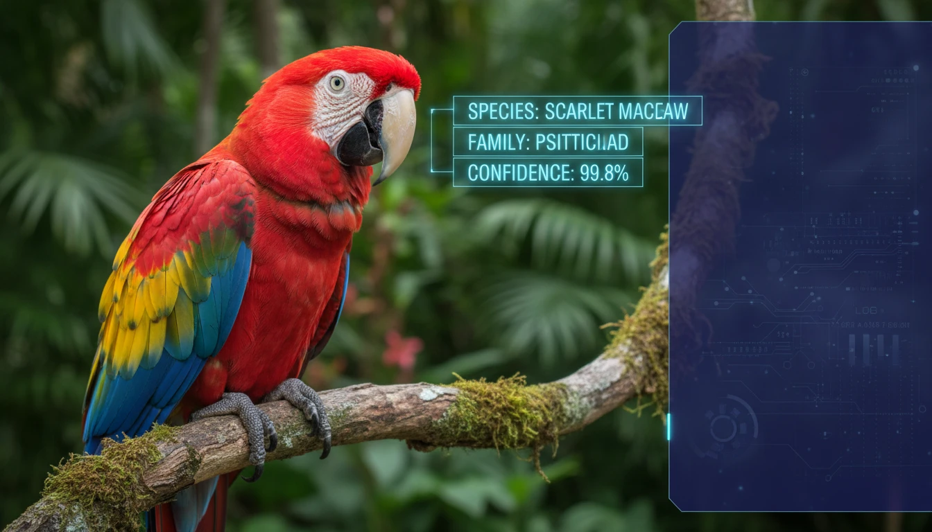 Colorful tropical bird identified by AI with species name and classification