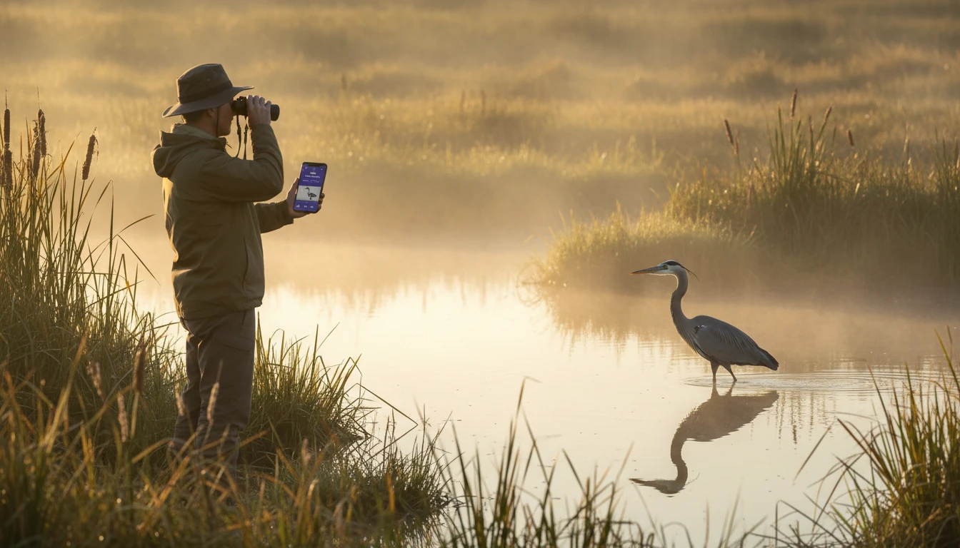 Birdwatcher identifying a bird species with AI on their phone