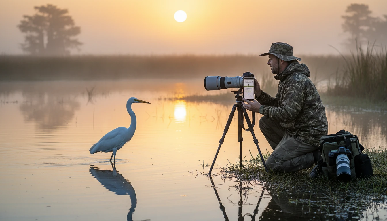 Wildlife photographer identifying a bird species with a telephoto lens