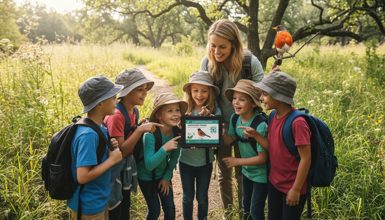 Students identifying birds with AI during a school nature trip