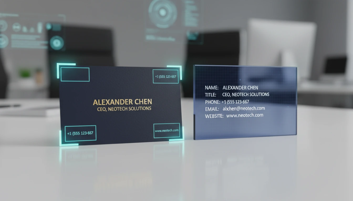 Business card with all contact fields highlighted and extracted by AI