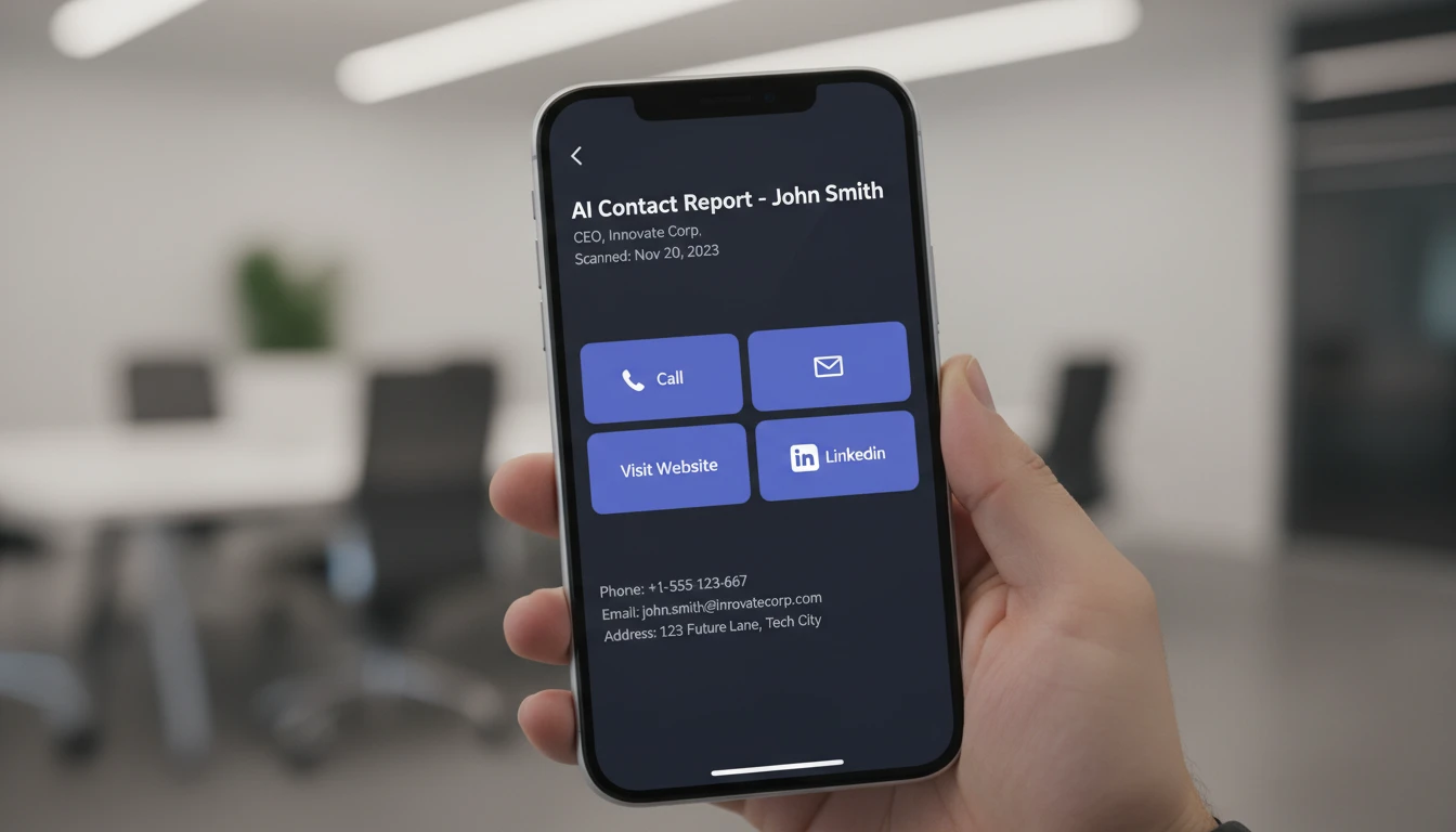 Mobile phone showing extracted business card data with clickable contact buttons