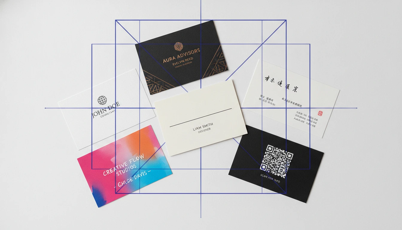 Collection of diverse business card styles being scanned by AI