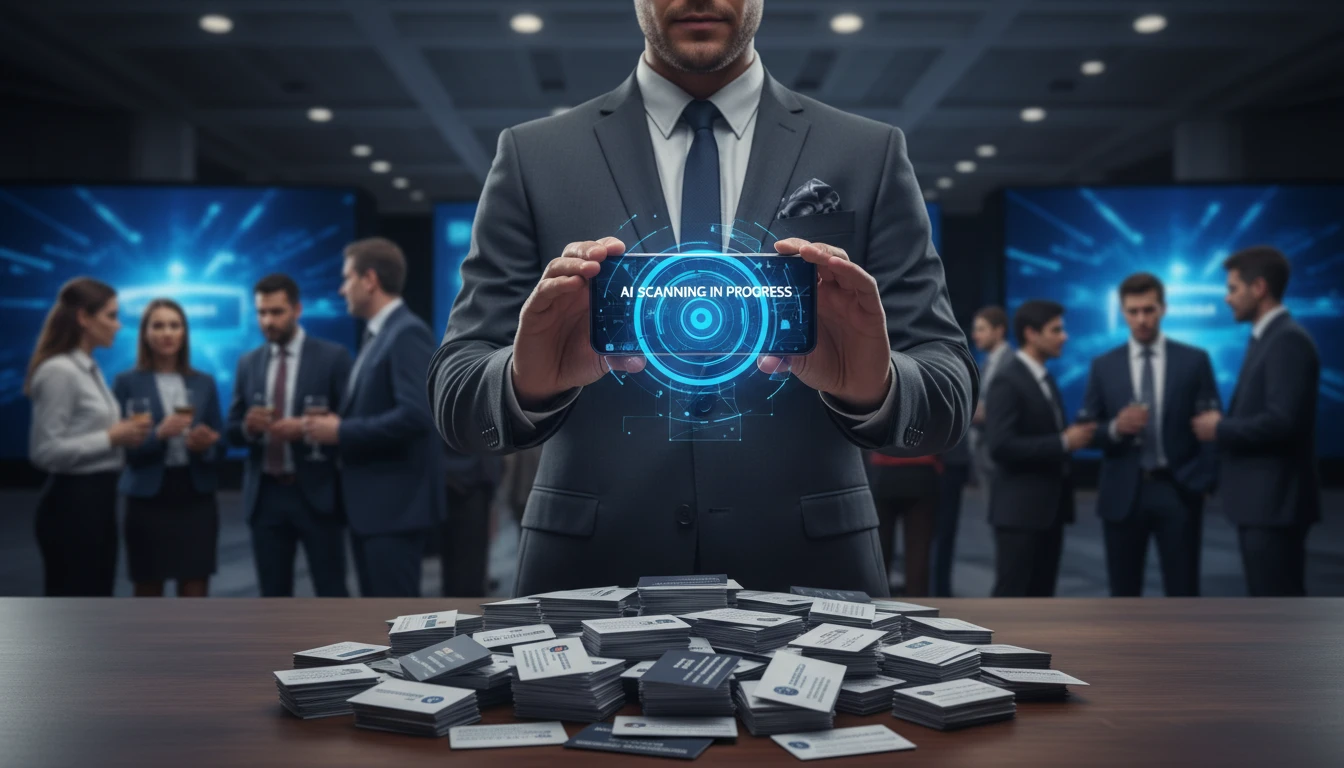 Sales professional scanning business cards after a networking event