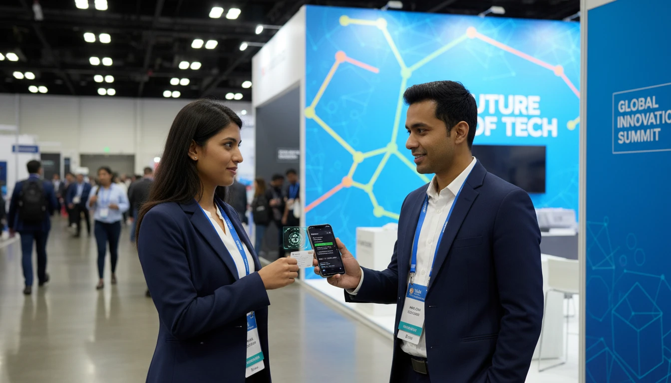 Networker at a trade show scanning a business card they just received