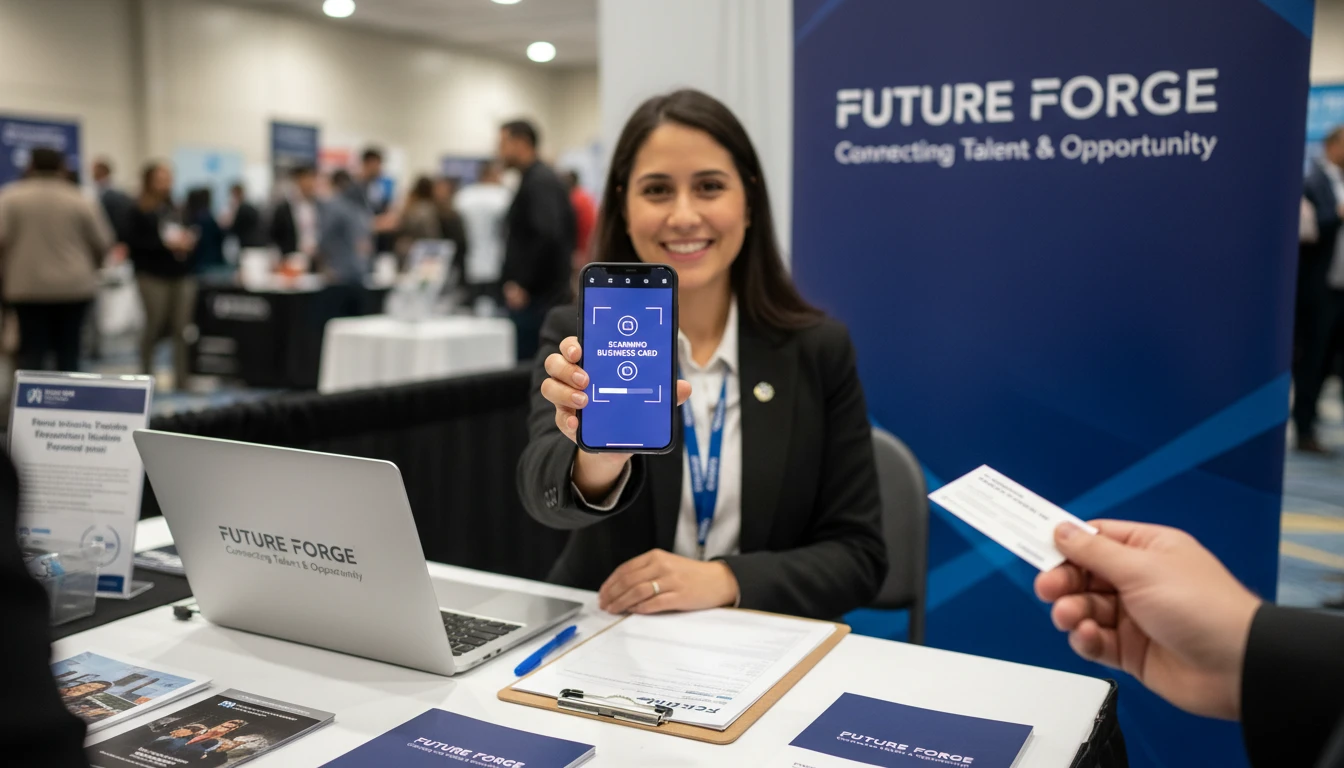 Recruiter scanning candidate business cards at a job fair