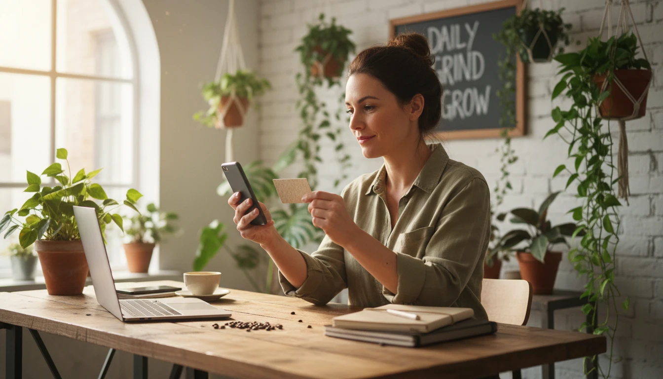 Small business owner scanning a supplier business card at their shop