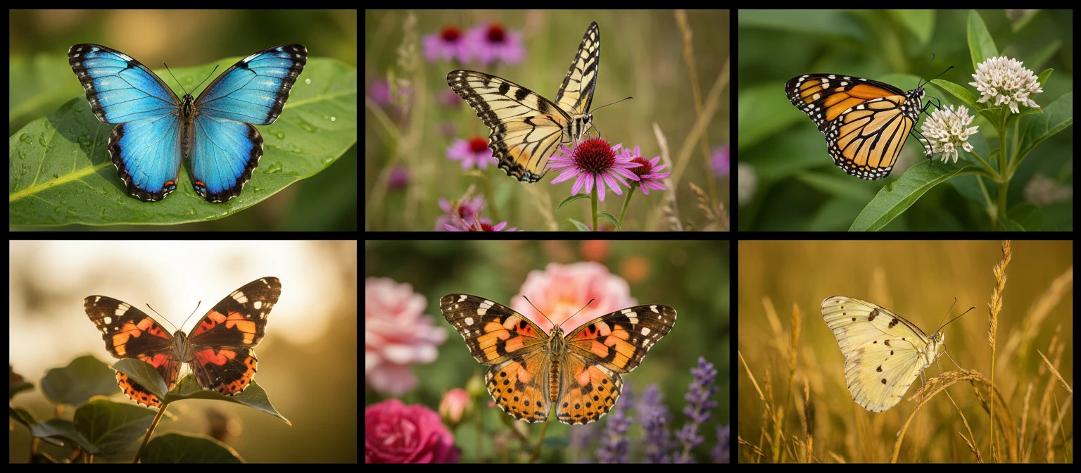 Butterfly diversity collage showing swallowtails, monarchs, blue morphos, and sulphurs in natural habitats