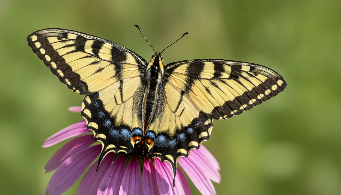Colorful swallowtail butterfly perched on a flower with wings spread open