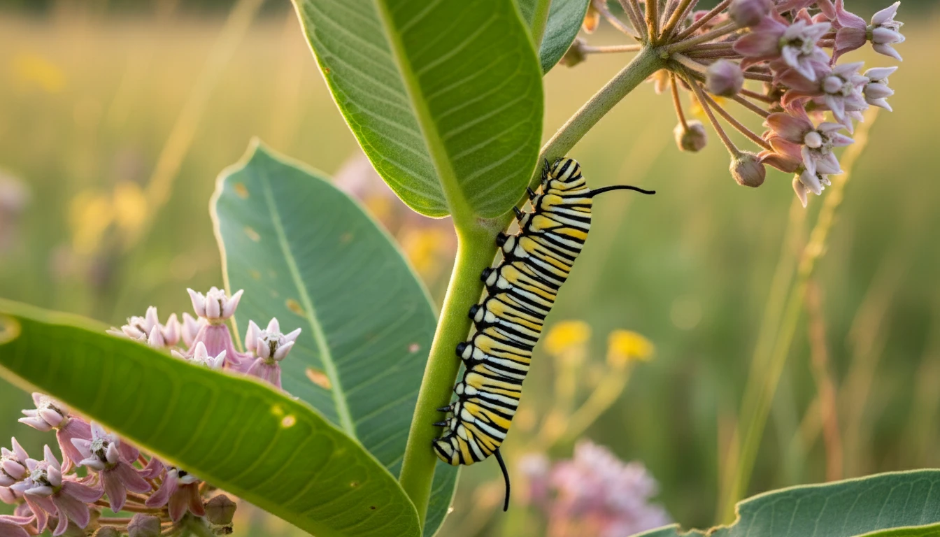 Monarch butterfly caterpillar on a milkweed plant showing the connection between species and host plant