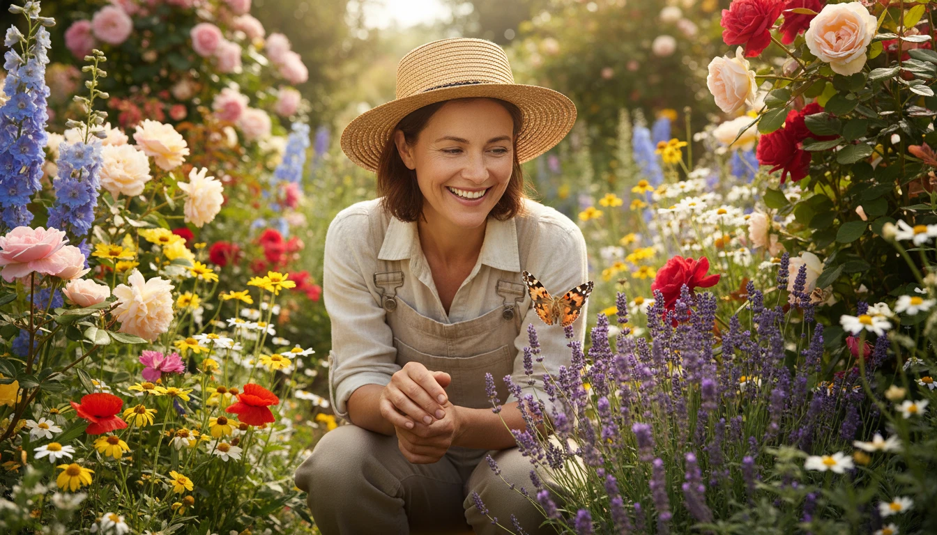 Gardener watching a butterfly land on flowers in a cottage garden