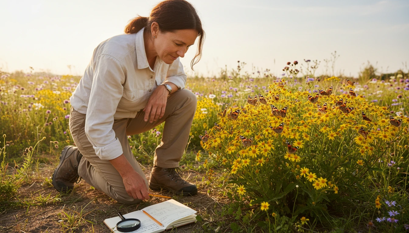 Naturalist observing butterflies in a wildflower meadow with binoculars