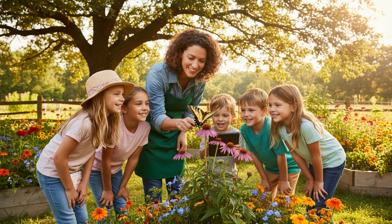 Children learning about butterflies during an outdoor science lesson